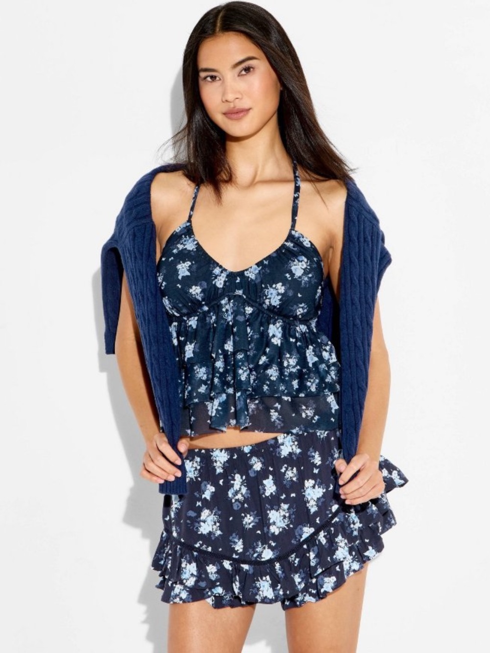 Women's Ruffle Halter Top - Wild Fable™ Navy Blue Floral M NWOT